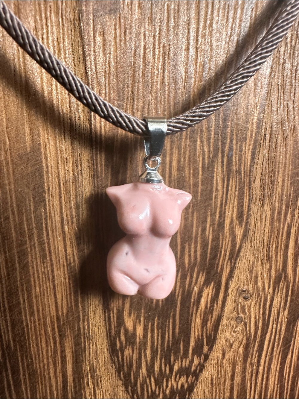 Mini Light Pink Alashan Agate Lady Body Carving Pendant Necklace on Brown Rope - Picture 2 of 16